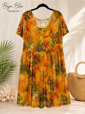 Baja Blue Tropical Floral Swim Cover-Up Large Made in USA Pristine